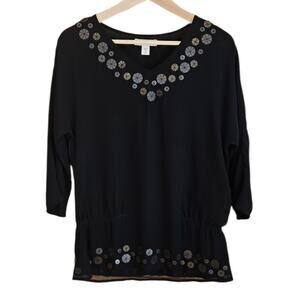 Coldwater Creek Blouse Embellished VNeck Longer Black Women's XSmall (4-6)